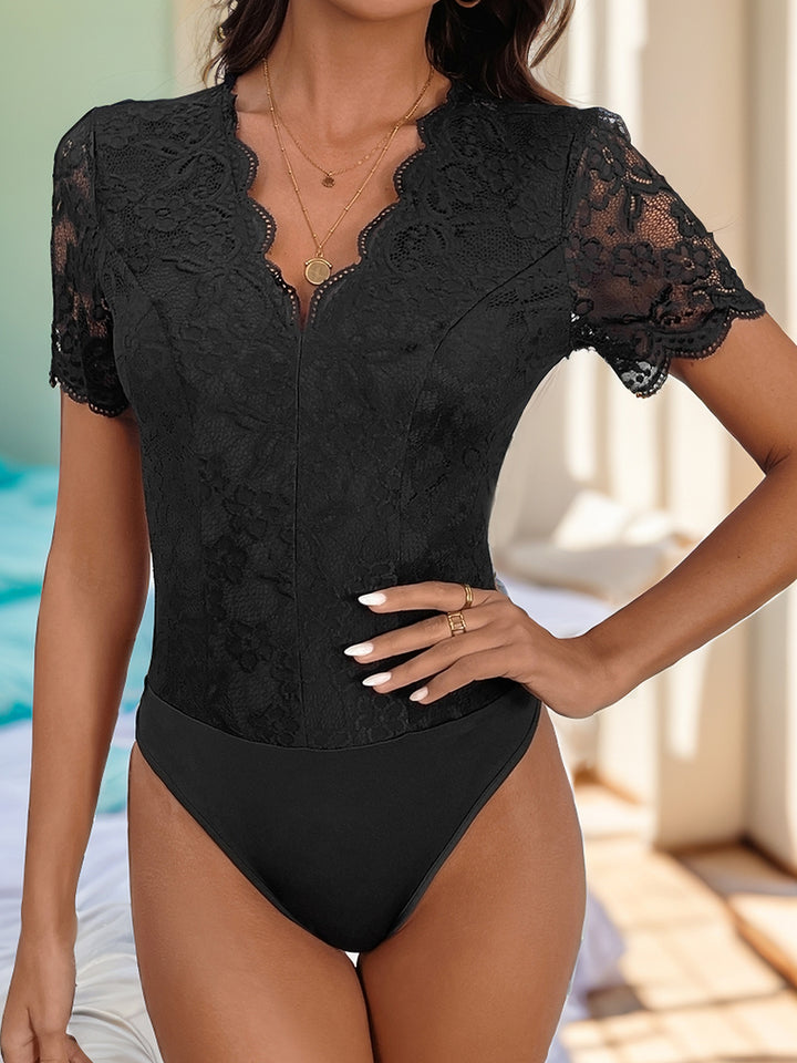 SabShape V-Neck Short Sleeve Lace Bodysuit